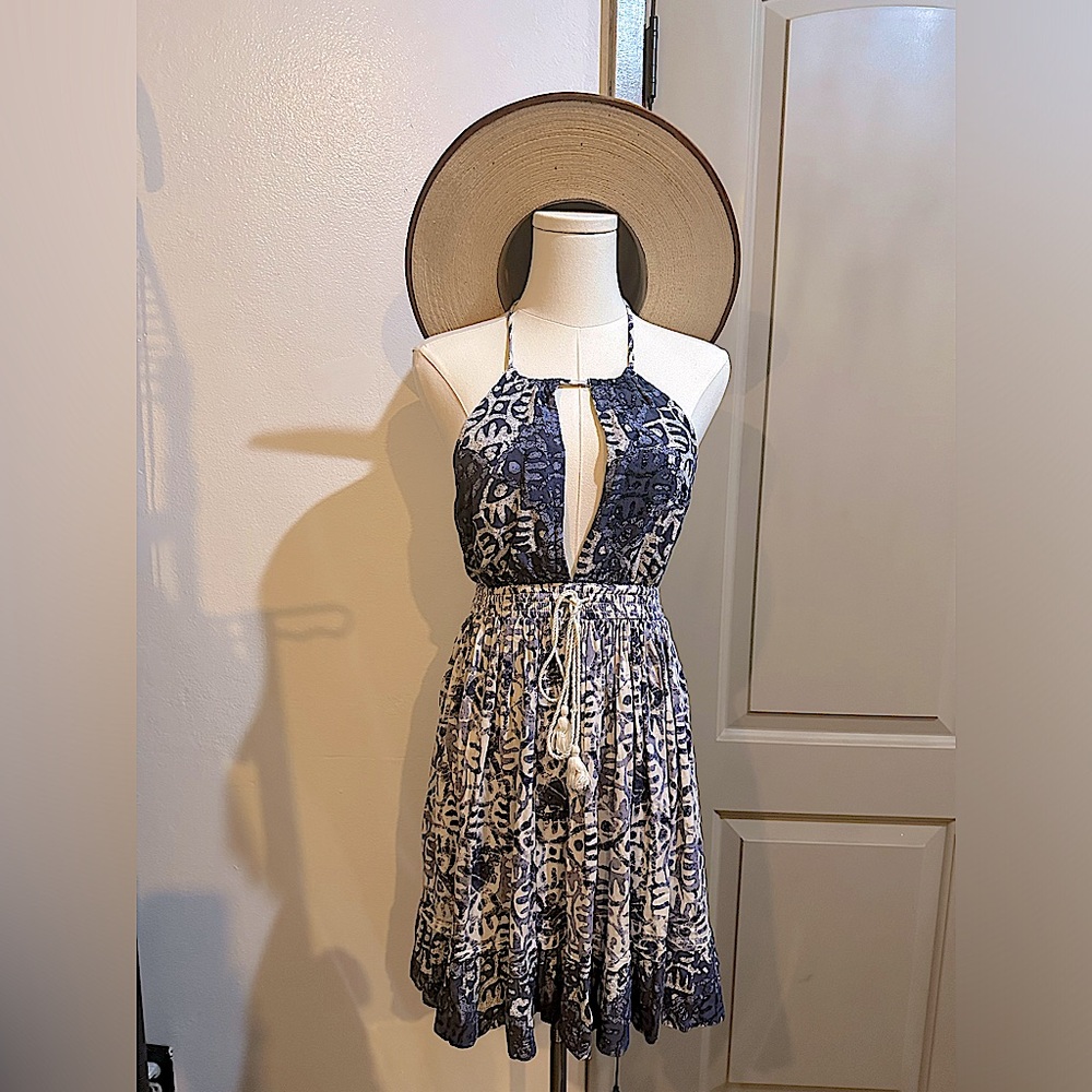 Free People Women's Halter Neck Dress Beach Summer Mini
Tie Waist Blue XS